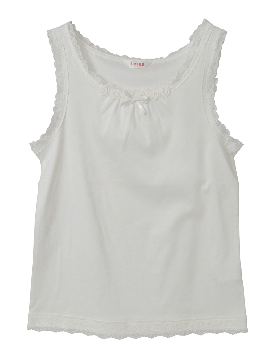 フラワーモチーフ付きキャミソール 詳細画像 シロ 1