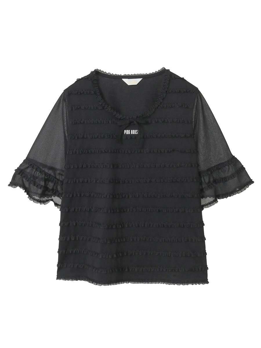 トリコットオーガンジーフリル使いカットソー 詳細画像 クロ 1