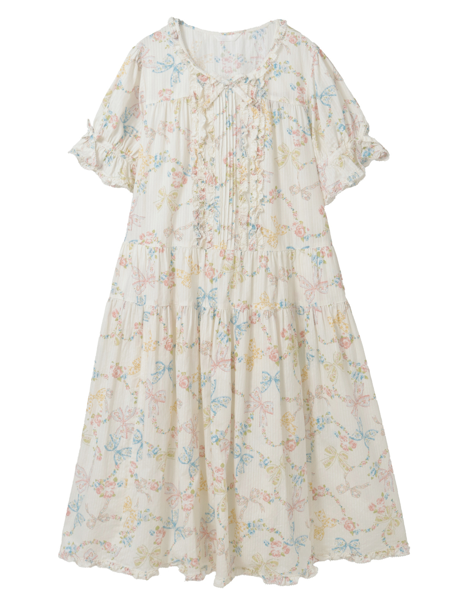 ロココリボンプリントミディワンピース 詳細画像 シロ 1
