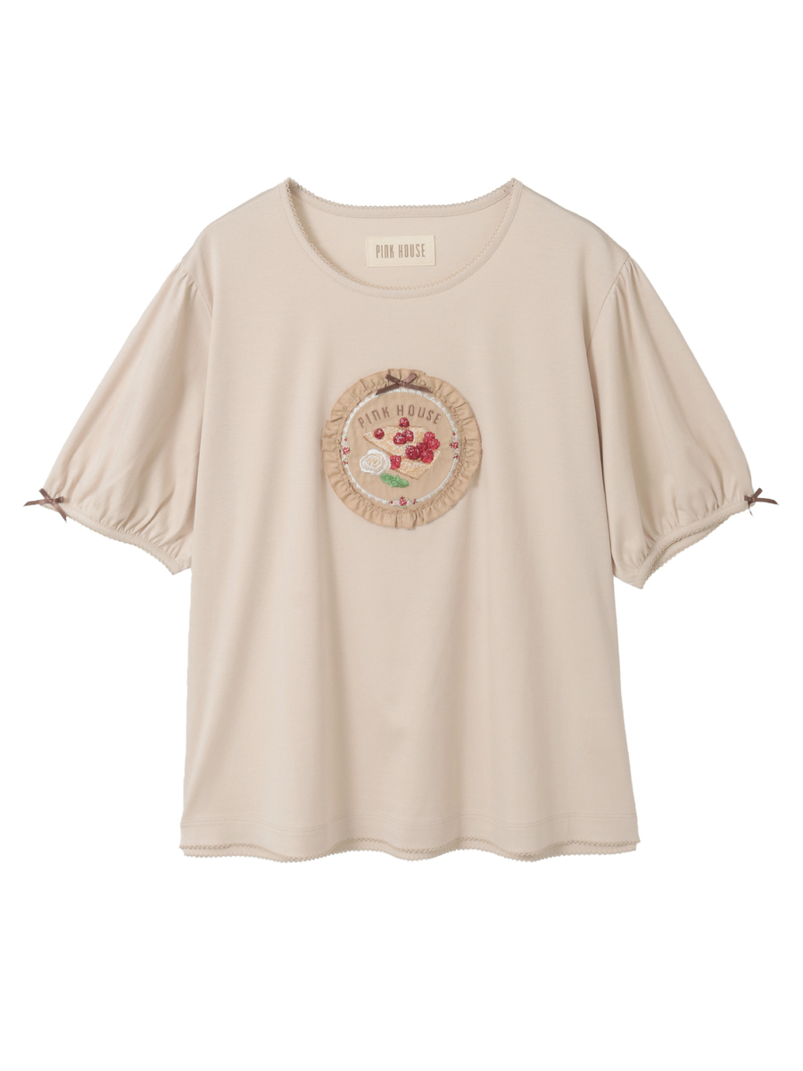 クレープリー刺繍アップリケ付きカットソー 詳細画像 ミルクティ 1