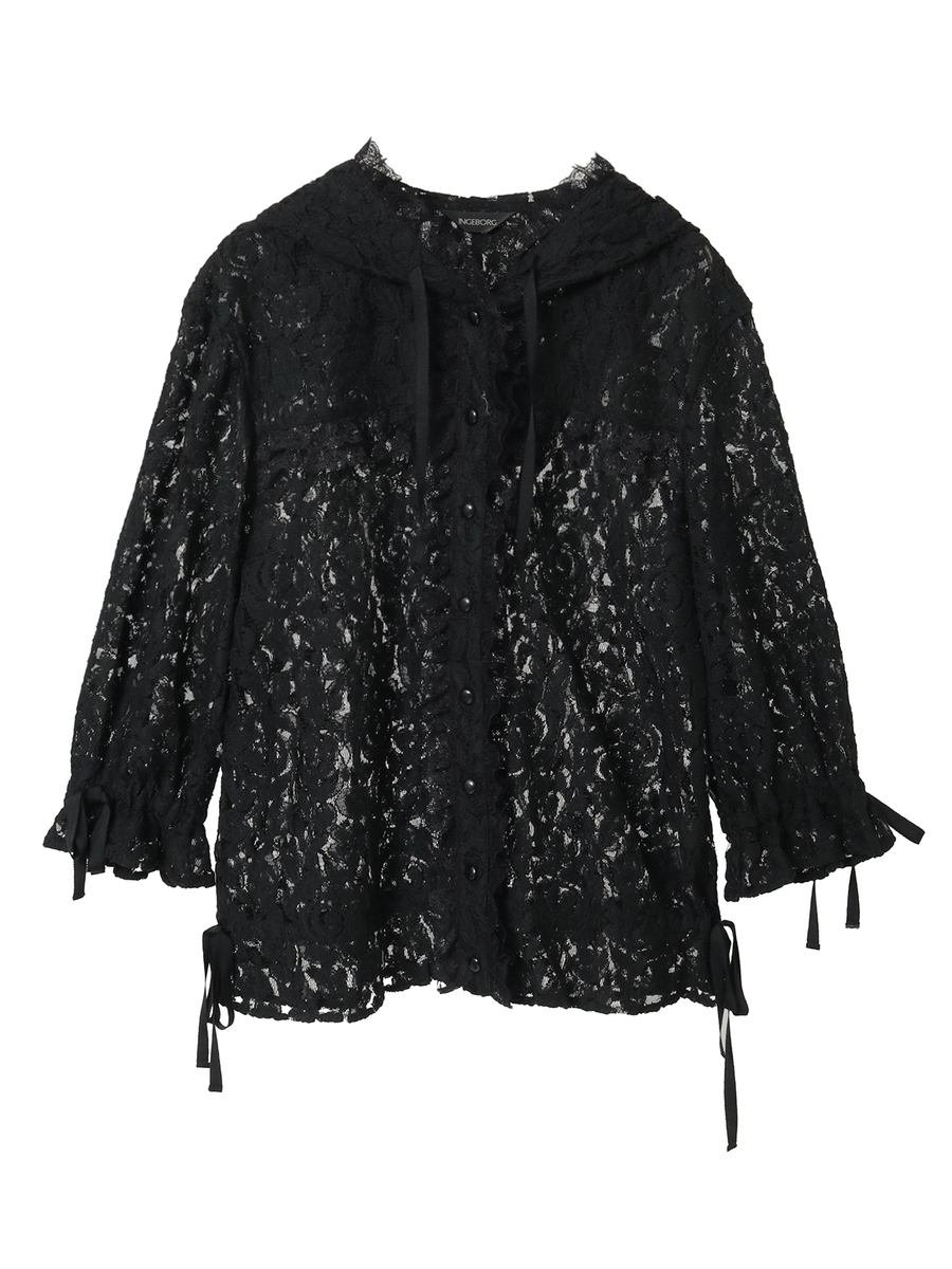 フラワーレースフード付きブラウス 詳細画像 クロ 1