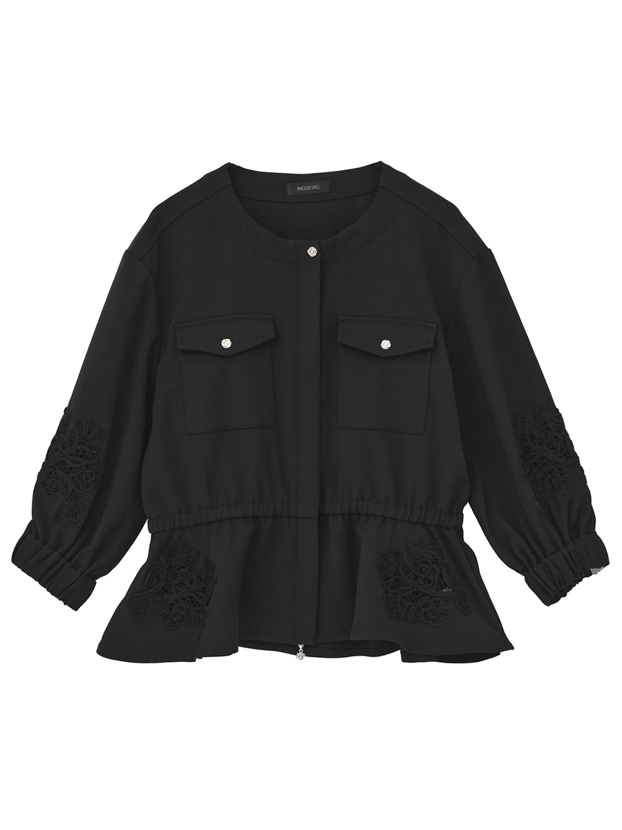 透かしコード刺繍ノーカラージャケット 詳細画像 クロ 1