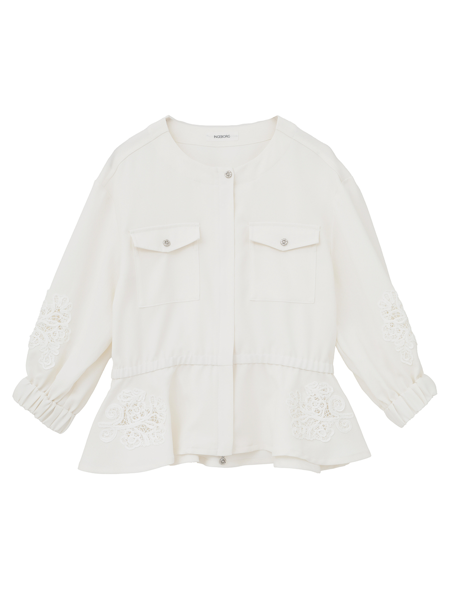 透かしコード刺繍ノーカラージャケット 詳細画像 シロ 1