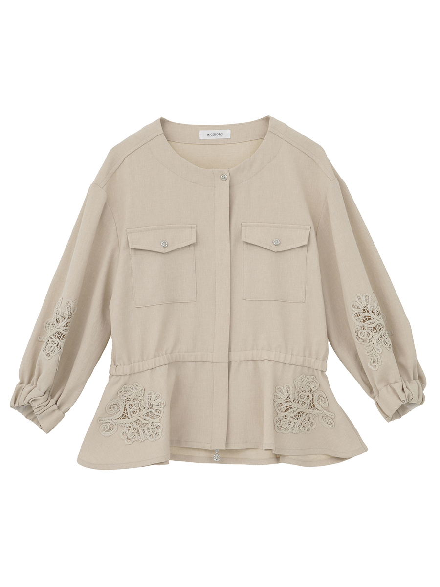 透かしコード刺繍ノーカラージャケット 詳細画像 ベージュ 1