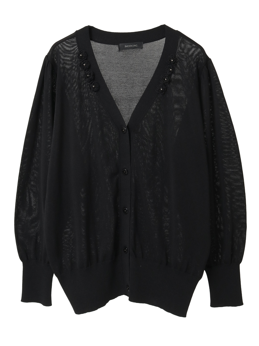 フラワーモチーフ付きニットカーディガン 詳細画像 クロ 1