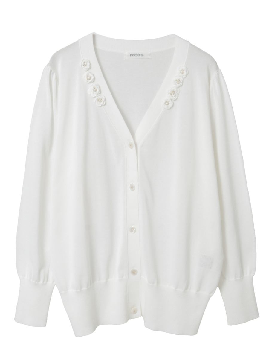 フラワーモチーフ付きニットカーディガン 詳細画像 シロ 1