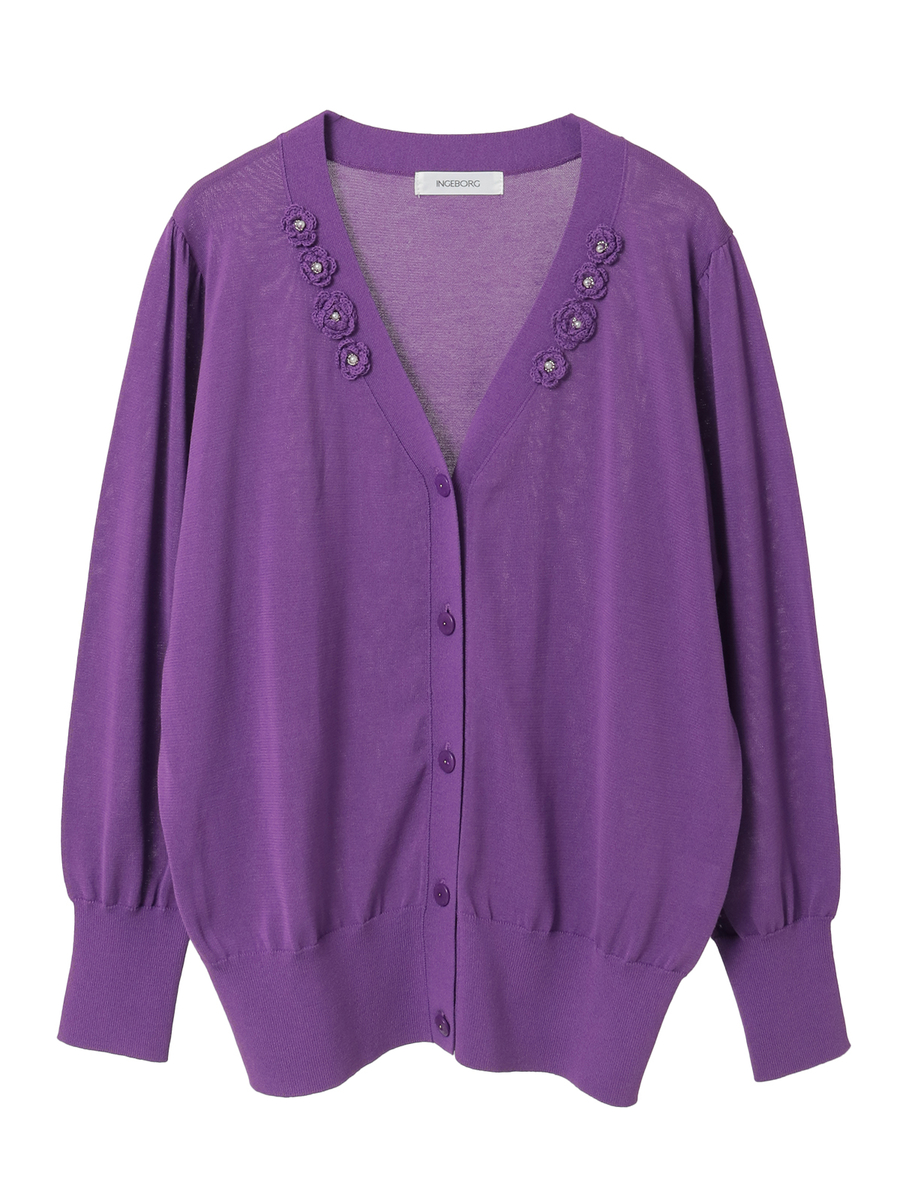 フラワーモチーフ付きニットカーディガン 詳細画像 パープル 1