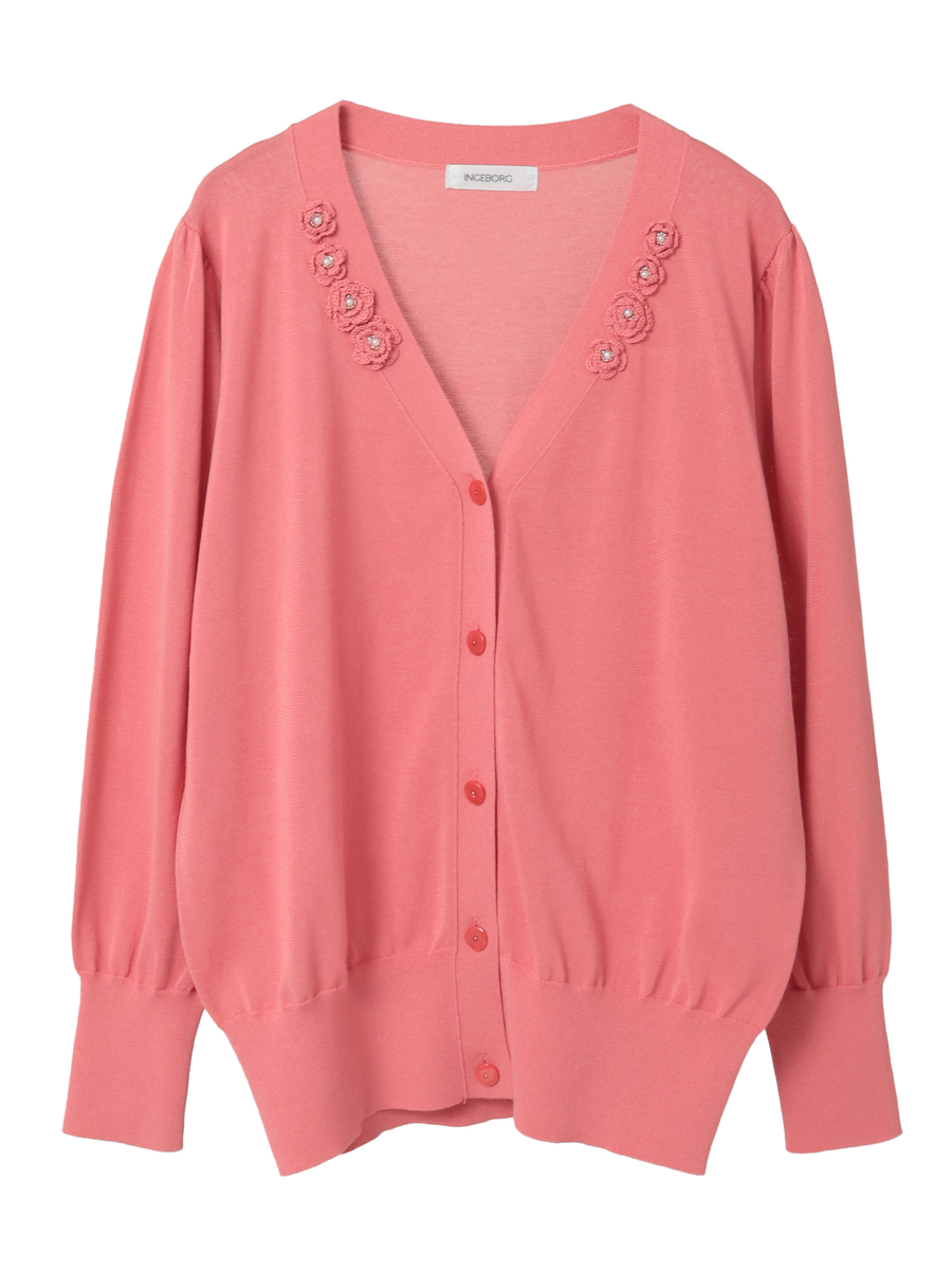 フラワーモチーフ付きニットカーディガン 詳細画像 ピンク 1