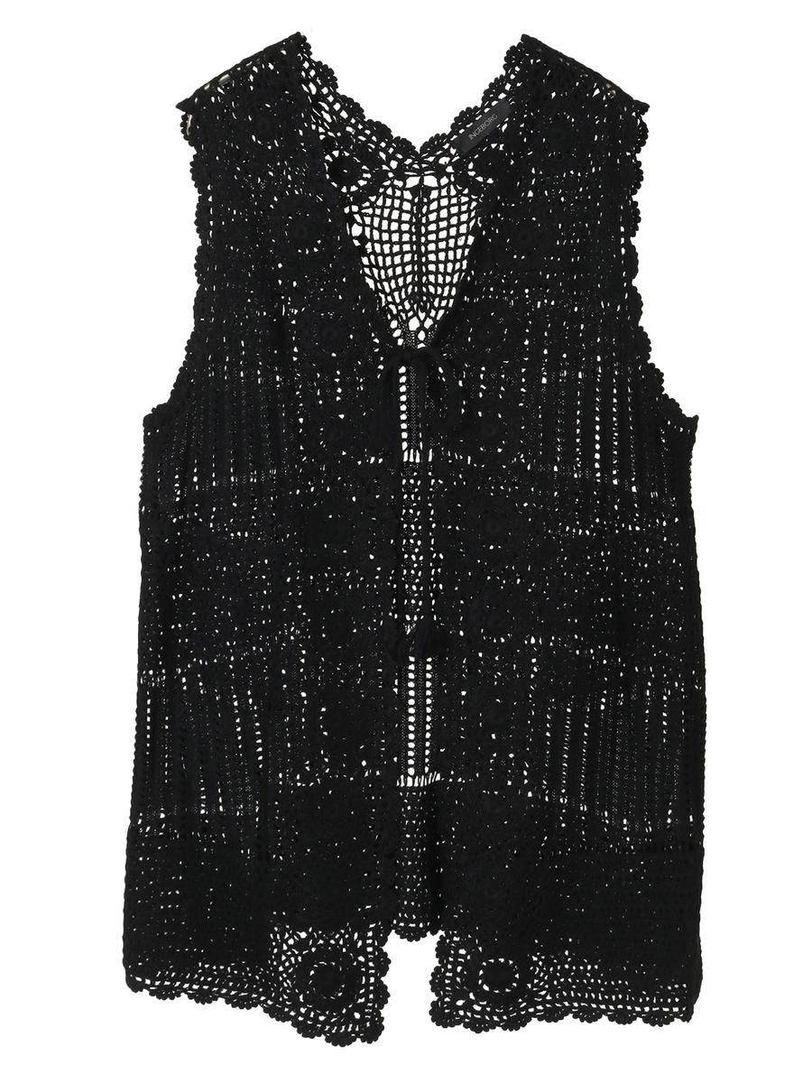 透かし編みパッチワークニットジレ 詳細画像 クロ 1