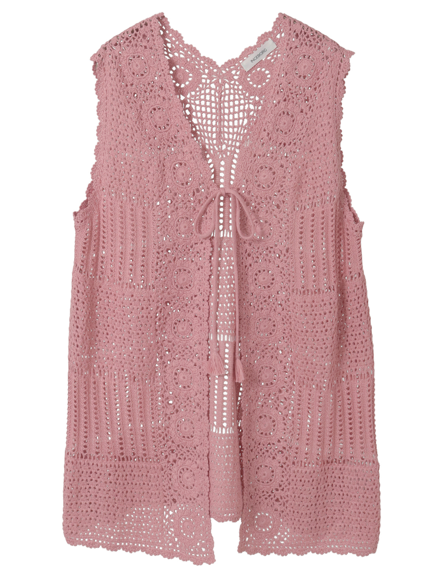 透かし編みパッチワークニットジレ 詳細画像 ピンク 1