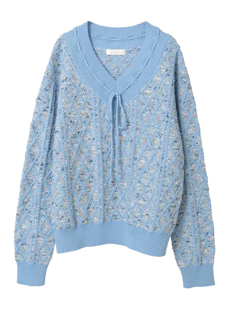 アラン編みVネックセーター 詳細画像 ブルー 1