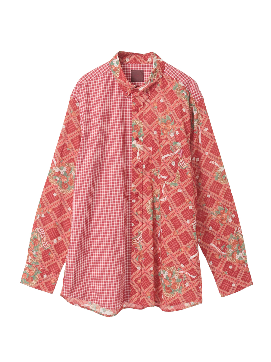 苺リースプリントパッチワークシャツブラウス 詳細画像 アカ 1