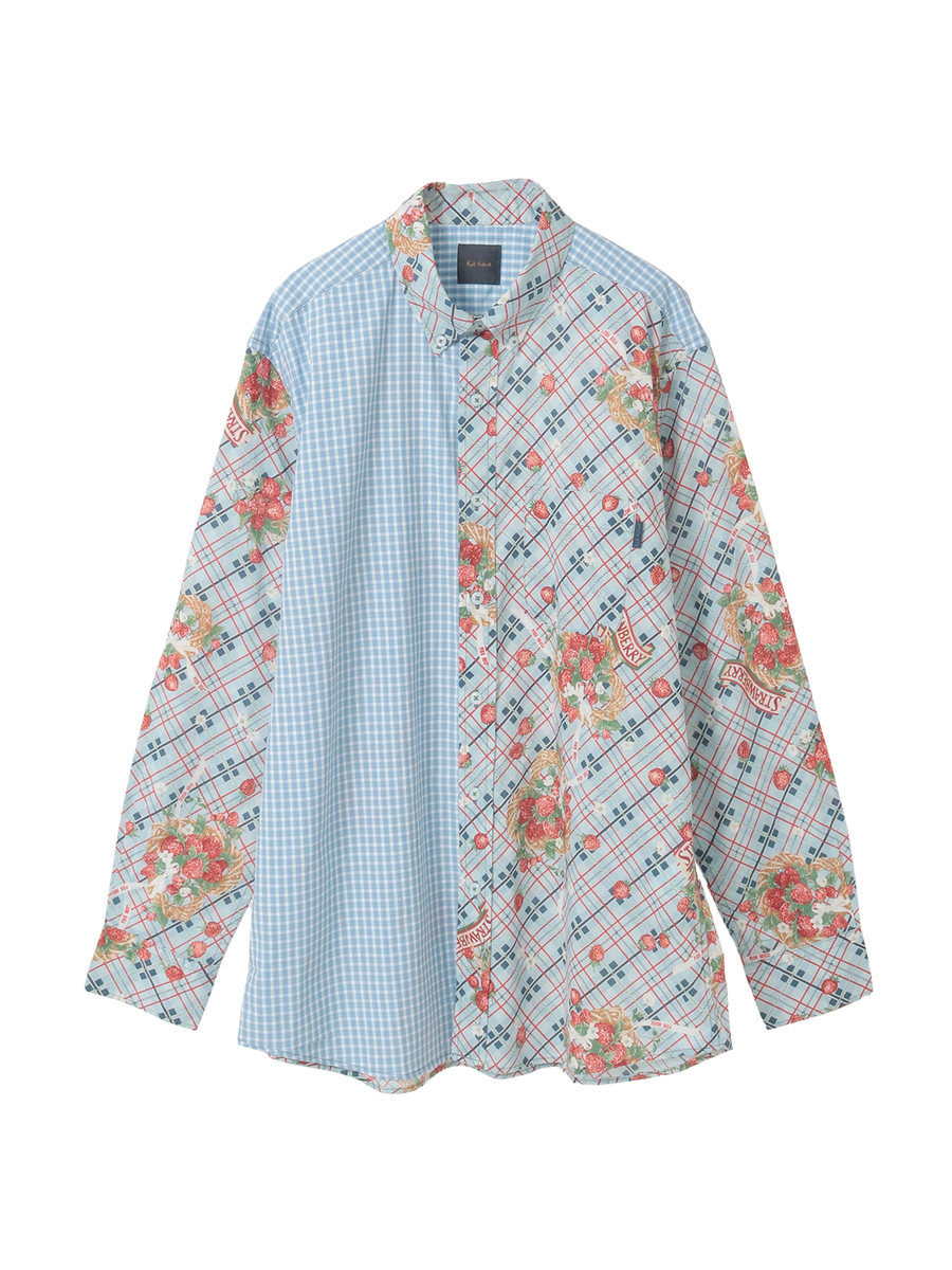 苺リースプリントパッチワークシャツブラウス 詳細画像 ブルー 1