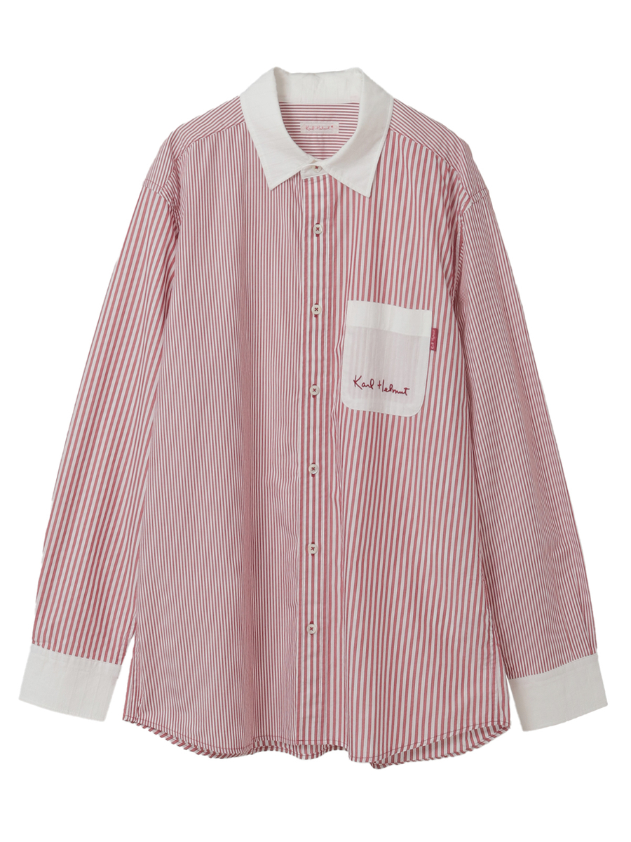 ロゴワンポイント刺繍入りシャツブラウス 詳細画像 ストライプアカ 1