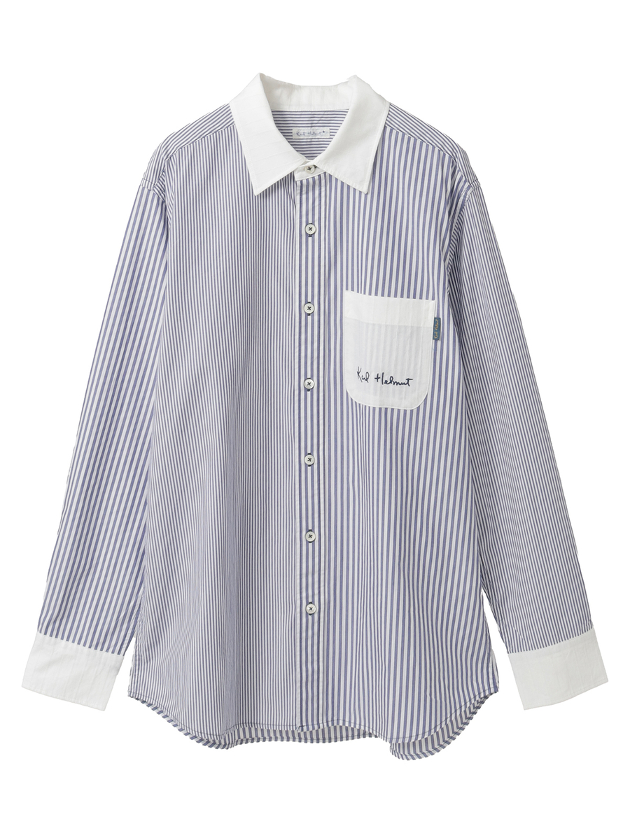 ロゴワンポイント刺繍入りシャツブラウス 詳細画像 ストライプブルー 1