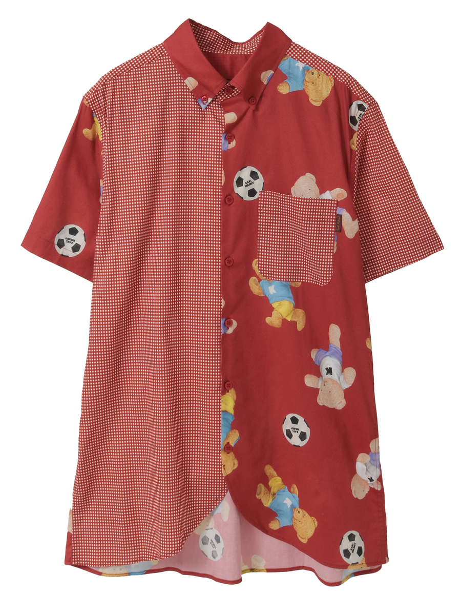 サッカーくまプリントパッチワークシャツブラウス 詳細画像 アカ&times;アカギンガム 1