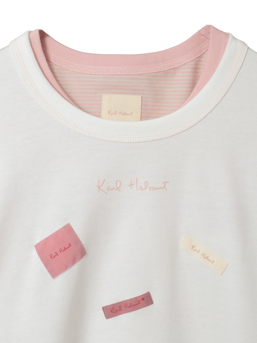 ロゴ＆ネームワッペンTシャツとボーダー長袖Tシャツのセット 詳細画像 オフ&times;ピンク・キナリ 3