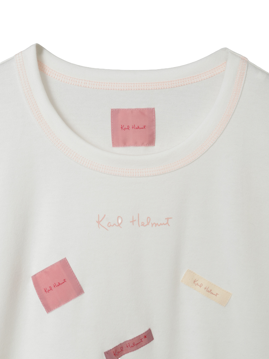 ロゴ＆ネームワッペンTシャツとボーダー長袖Tシャツのセット 詳細画像 オフ&times;ピンク・キナリ 7