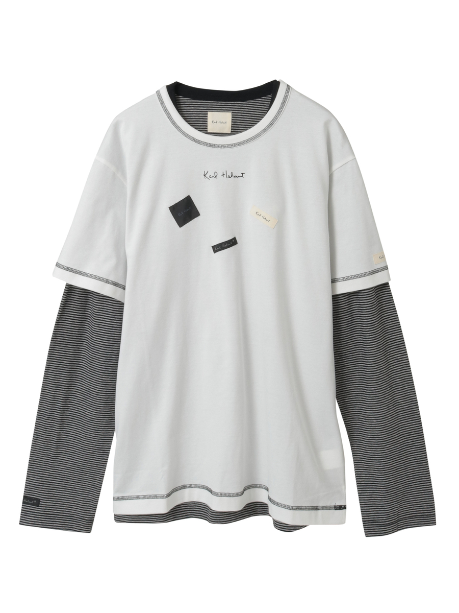 ロゴ＆ネームワッペンTシャツとボーダー長袖Tシャツのセット 詳細画像 オフ&times;クロ・グレー 1