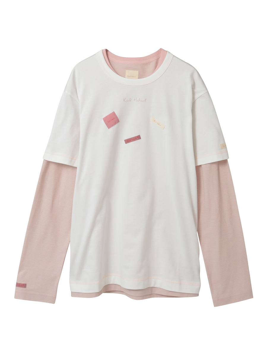 ロゴ＆ネームワッペンTシャツとボーダー長袖Tシャツのセット 詳細画像 オフ&times;ピンク・キナリ 1