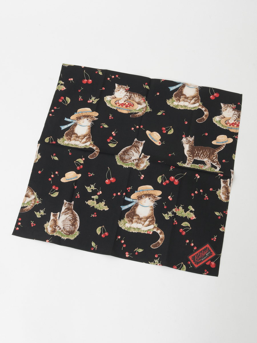 さくらんぼの丘のねこプリントバンダナ 詳細画像 クロ 1