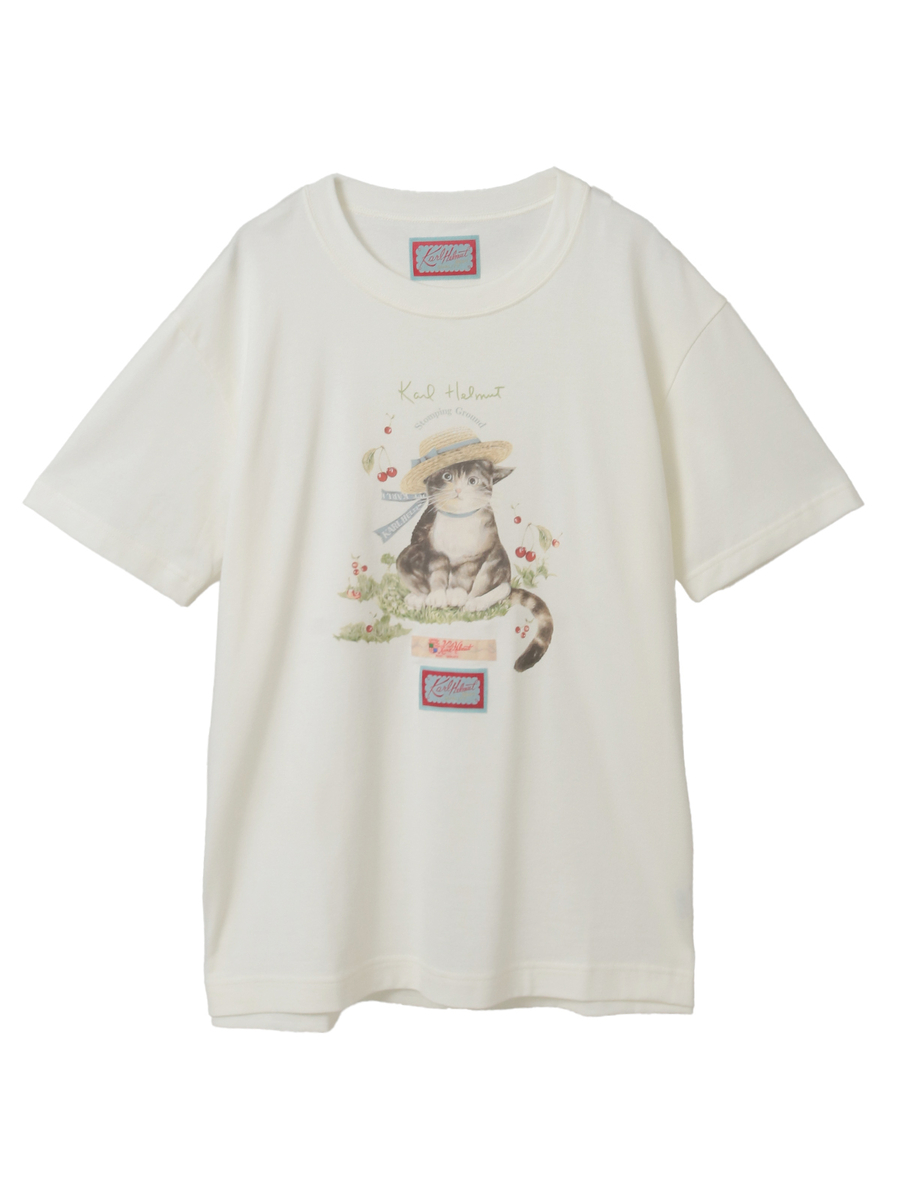 さくらんぼの丘のねこプリントTシャツ 詳細画像 シロ 1