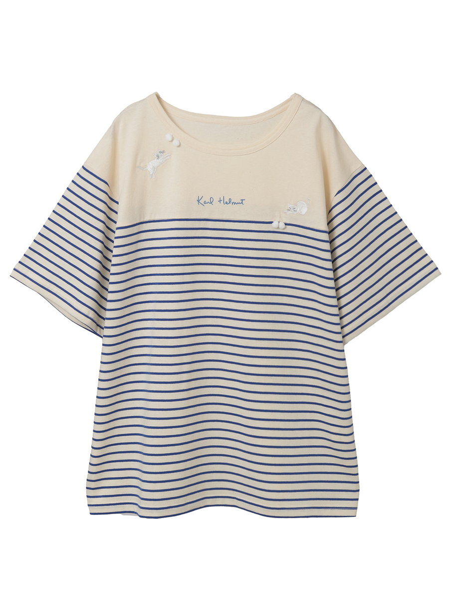 ボーダー猫刺繍ポンポンつき半袖Tシャツ 詳細画像 ブルー&times;シロ 1
